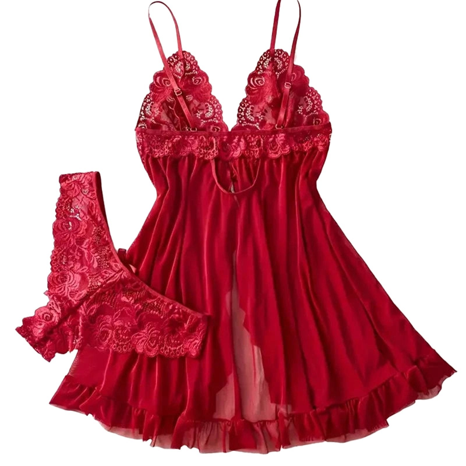 LuckeLadybug red lace lingerie set featuring a delicate babydoll and matching thong