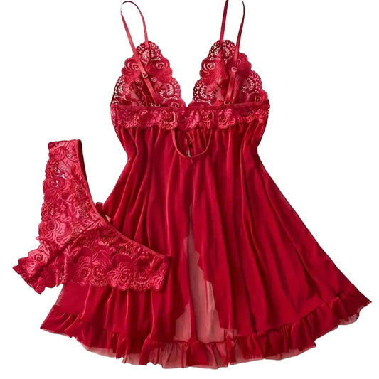 LuckeLadybug red lace lingerie set featuring a delicate babydoll and matching thong