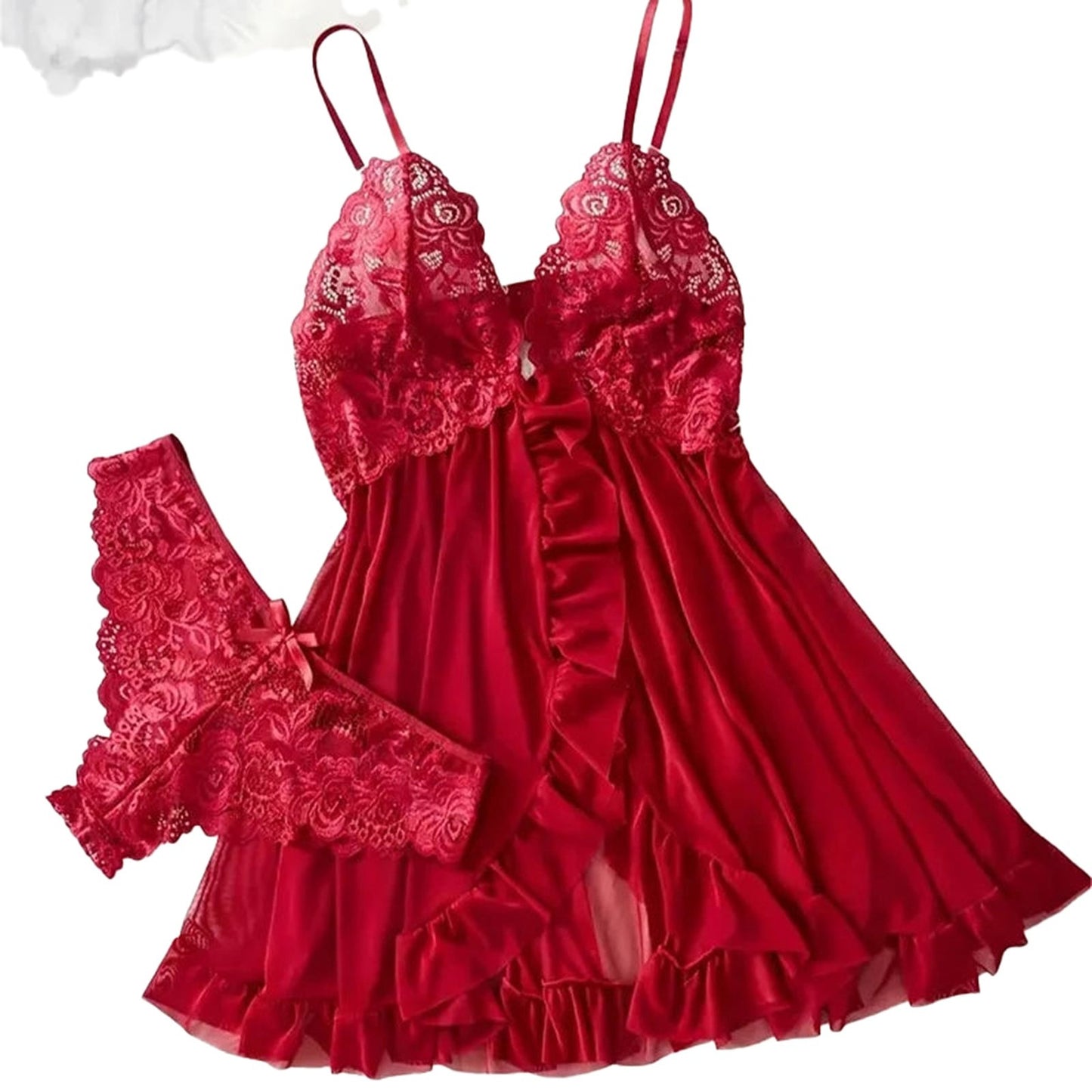 Stunning red lace lingerie set featuring a babydoll dress and matching panties for a seductive look