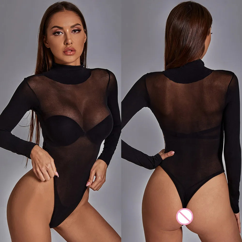 LuckeLadybug LLC Black Sheer Bodysuit with Long Sleeves, Ideal Lingerie for Stylish Layering