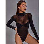 LuckeLadybug LLC Black Sheer Bodysuit Lingerie with High Neck and Long Sleeves