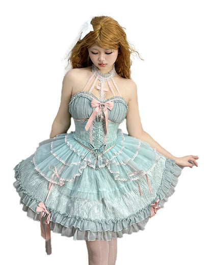 Girl in a light blue dress with bows and lace detailing, featuring a sweet lolita corset skirt