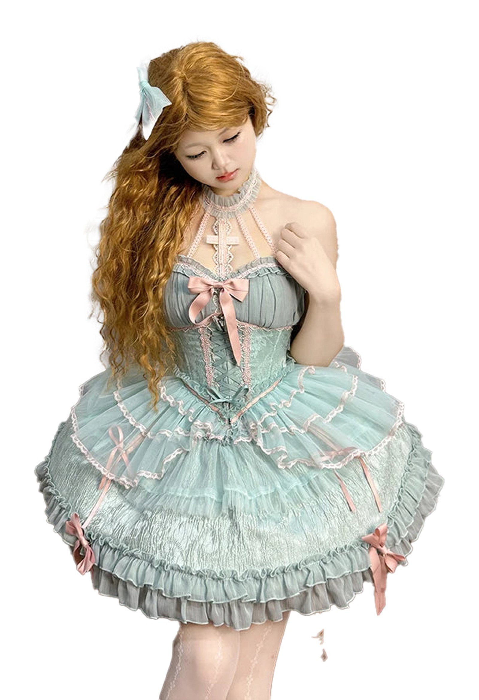 LuckeLadybug LLC Sweet Lolita Corset Skirt in Mint with Ruffles and Bows for a Classic Look
