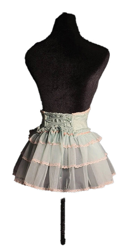Mint green sweet lolita corset skirt with ruffled tiers and lace trim for a playful look