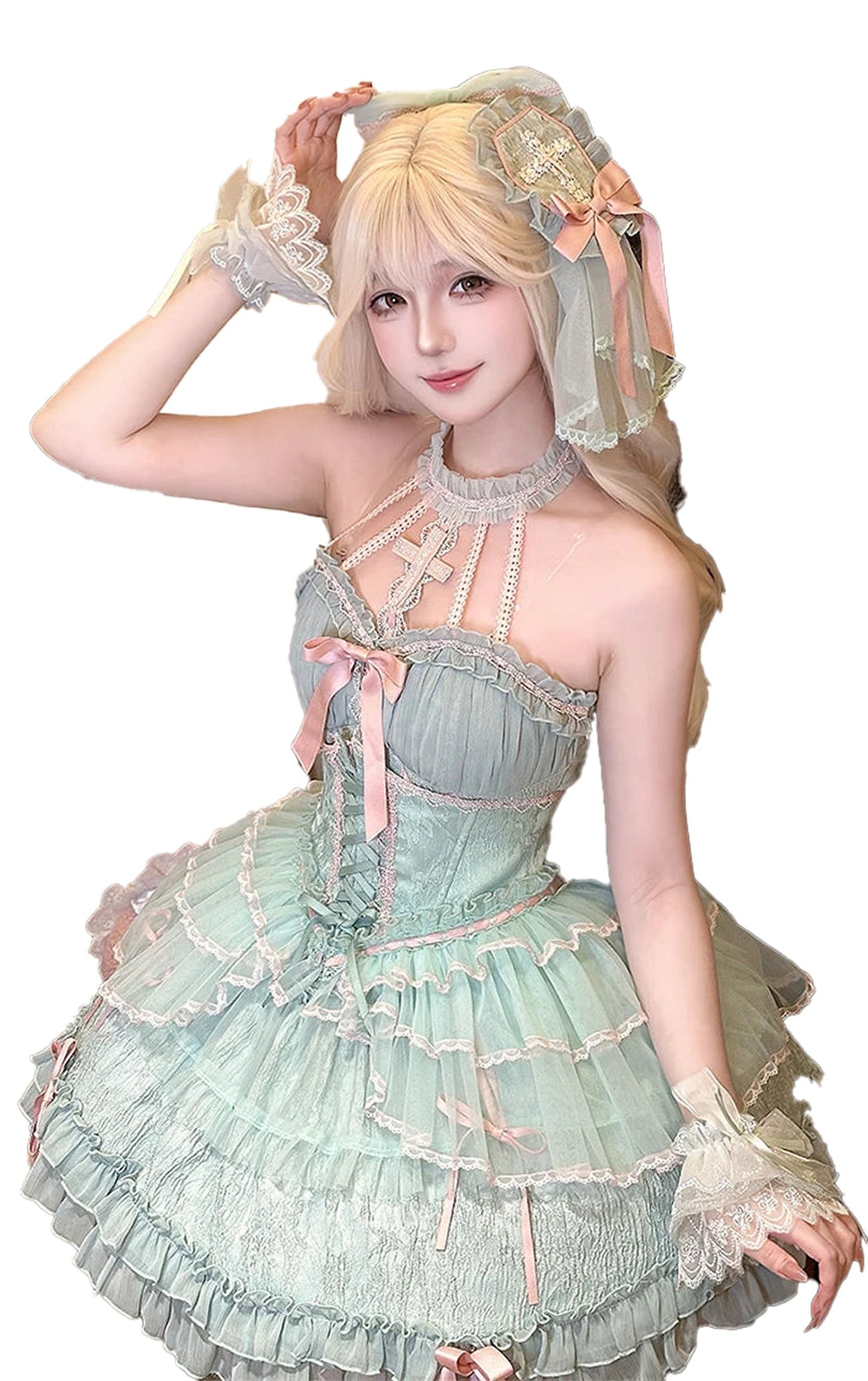 Sweet Lolita corset skirt in mint green with ruffles and bows for a playful look