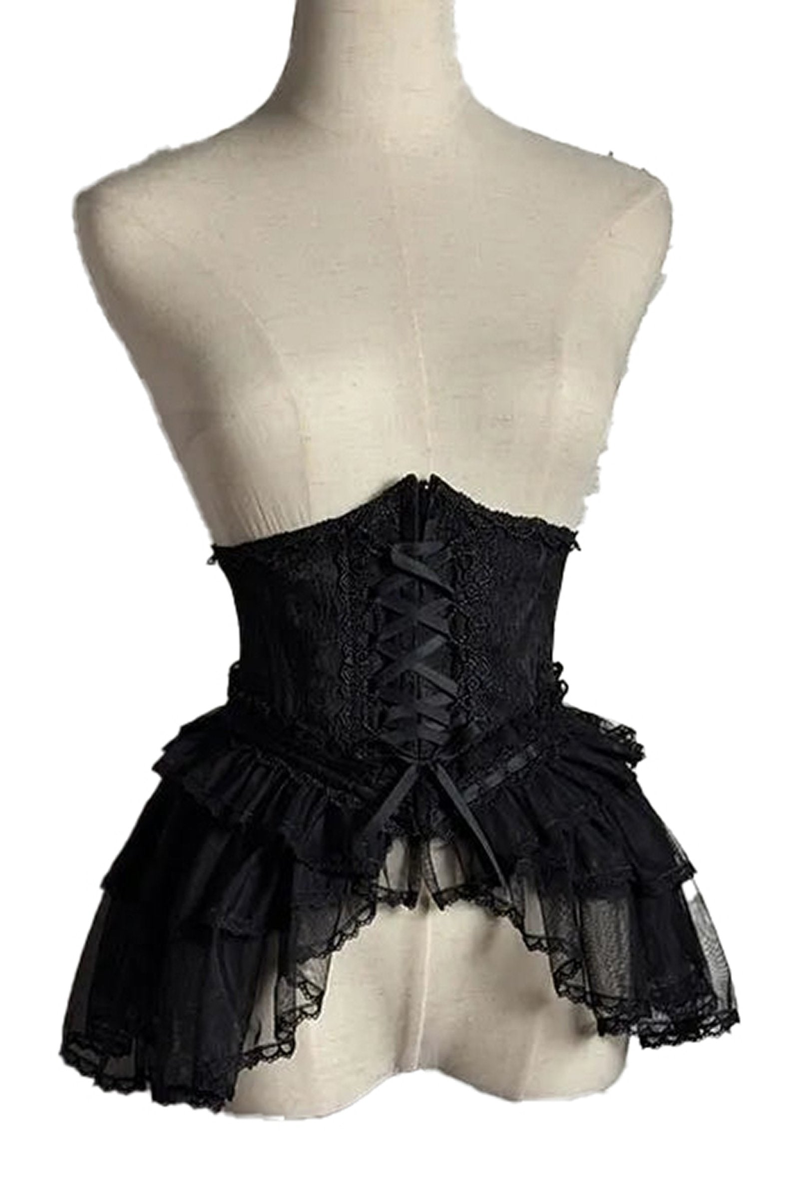 Black sweet lolita corset skirt with lace trim and bow detail on a mannequin