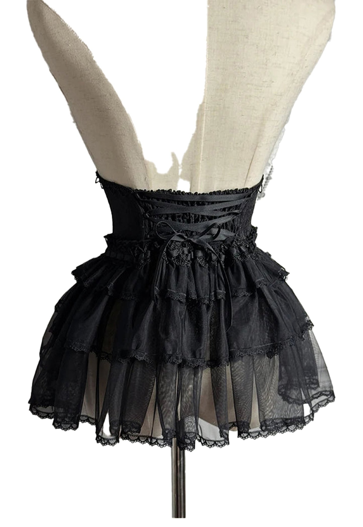 Black Sweet Lolita Corset Skirt with Ruffled Layers and Lace Trim for Elegant Outfits