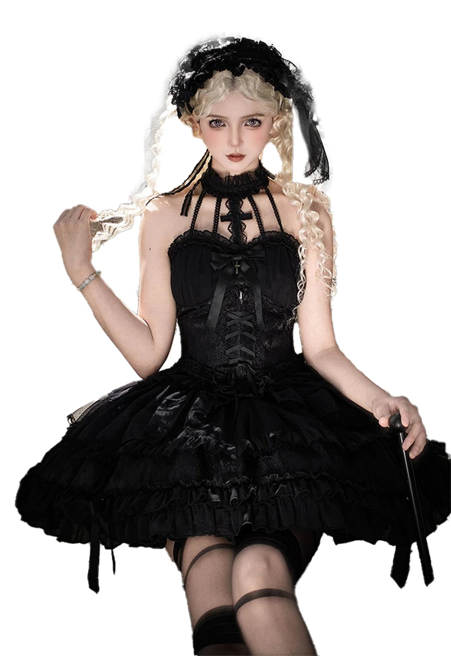 Elegant black sweet lolita corset skirt with ruffles and lace detail, worn by model in gothic setting
