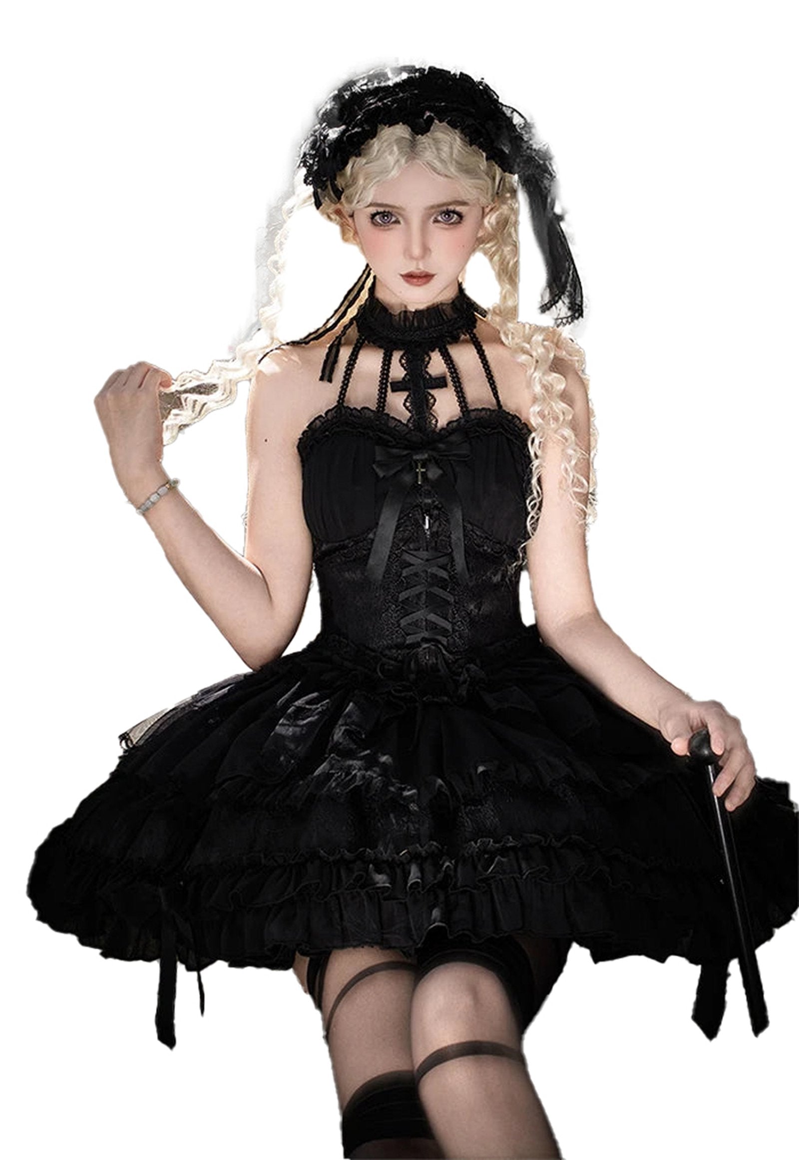 Elegant black sweet lolita corset skirt with ruffles and lace detail, worn by model in gothic setting