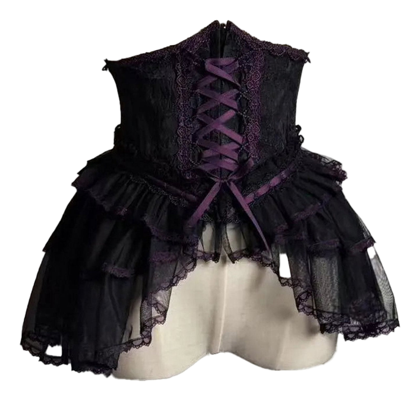 Elegant black and purple sweet lolita corset skirt with lace details and ruffled layers