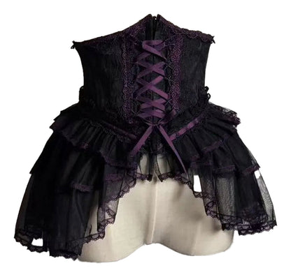 Elegant black and purple sweet lolita corset skirt with lace details and ruffled layers