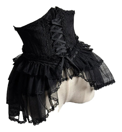 Elegant black sweet lolita corset skirt with lace trim and layered tulle frills