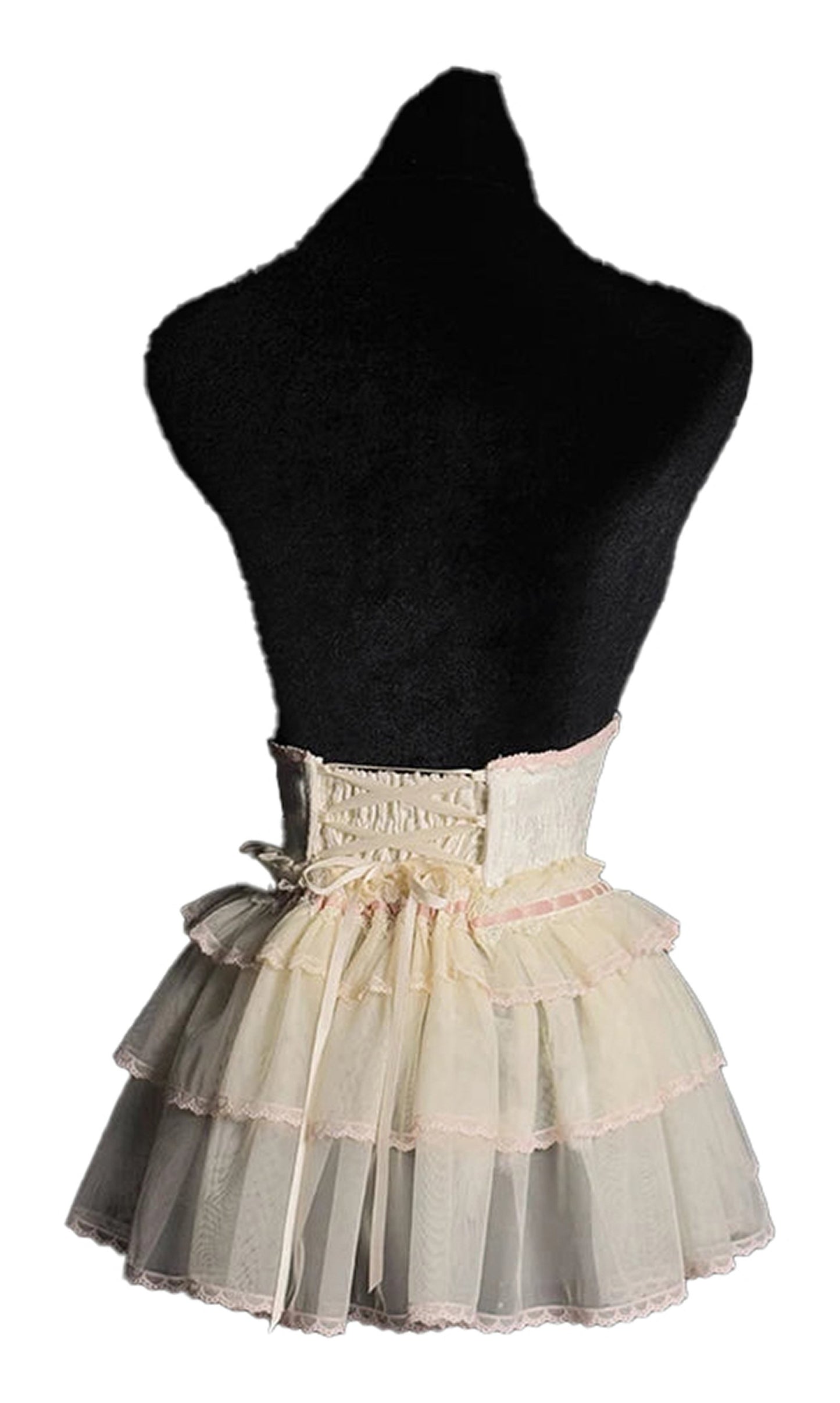 Back view of a sweet lolita corset skirt with layered ruffles and lace trim in soft pastel colors