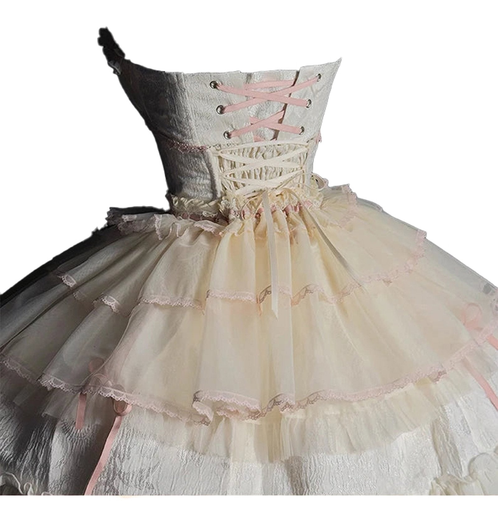 Back view of sweet lolita corset skirt with layered tulle and pink ribbon details