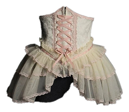LuckeLadybug LLC Sweet Lolita Corset Skirt with Ruffled Layers and Pink Lace Details
