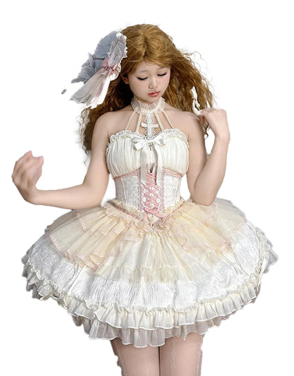 LuckeLadybug LLC Sweet Lolita Corset Skirt in ivory with lace details and ruffled layers