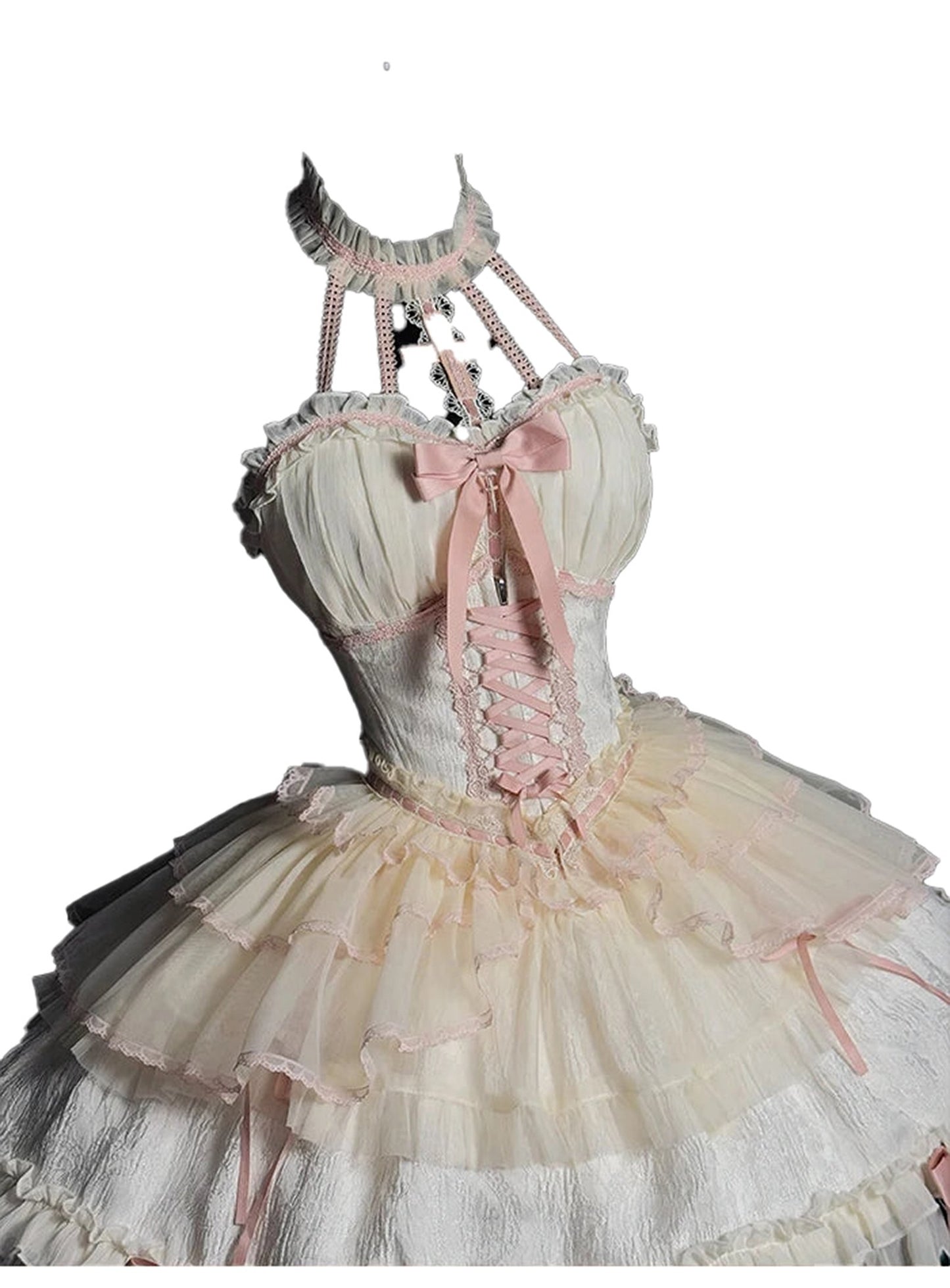 Elegant white and pink sweet lolita corset skirt with ruffled layers and lace details