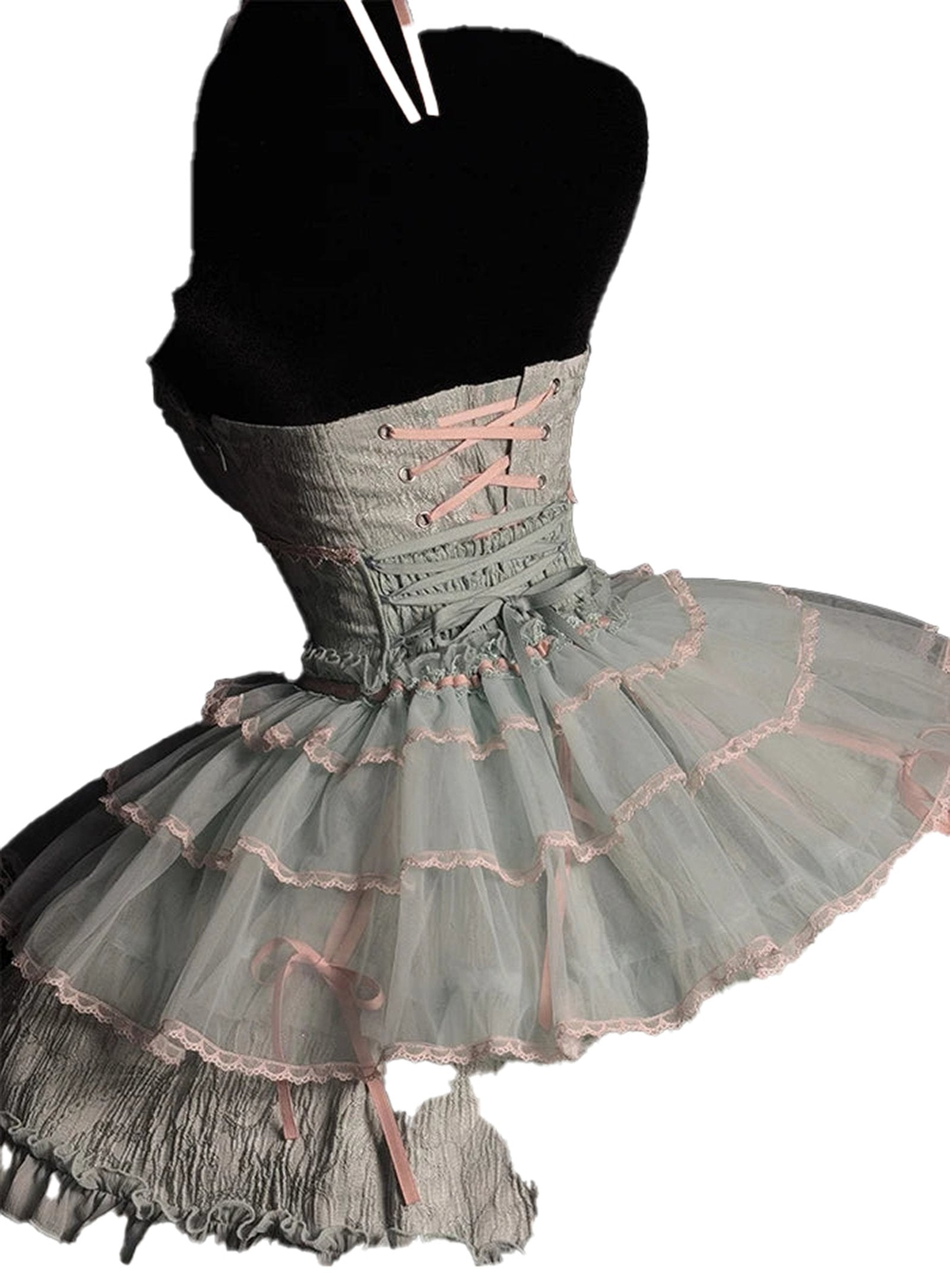 LuckeLadybug LLC sweet lolita corset skirt in pastel colors with ruffled layers and bow details