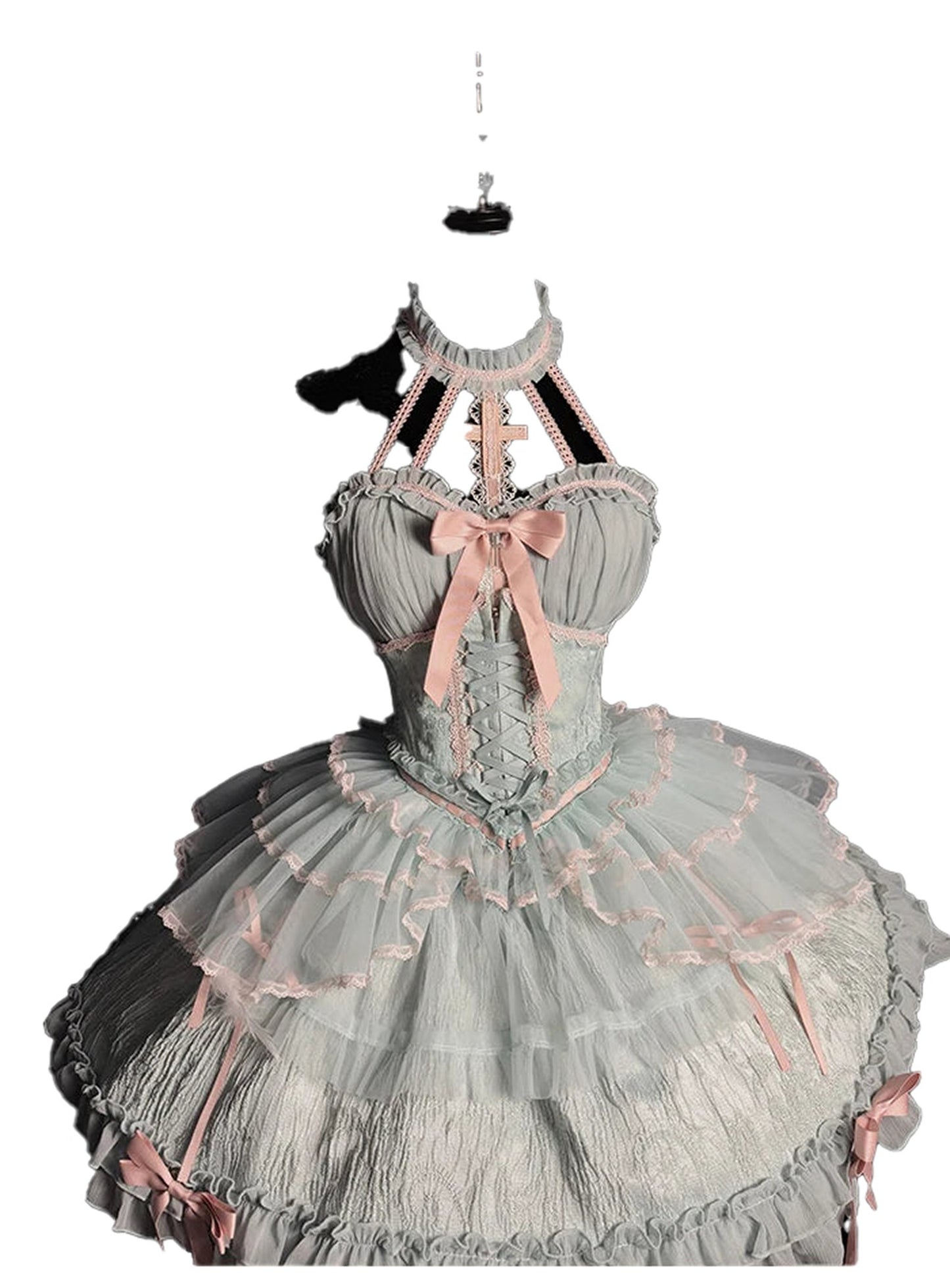 Elegant sweet lolita corset skirt in pastel blue and pink with ruffles and lace details
