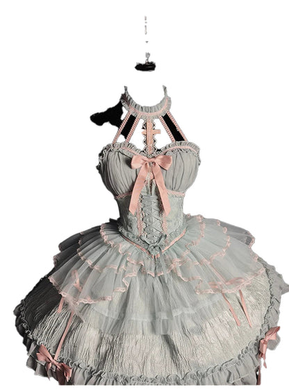 Elegant sweet lolita corset skirt in pastel blue and pink with ruffles and lace details