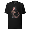 Black T-shirt featuring a lollipop love print mens shirt design with a woman holding a pink lollipop