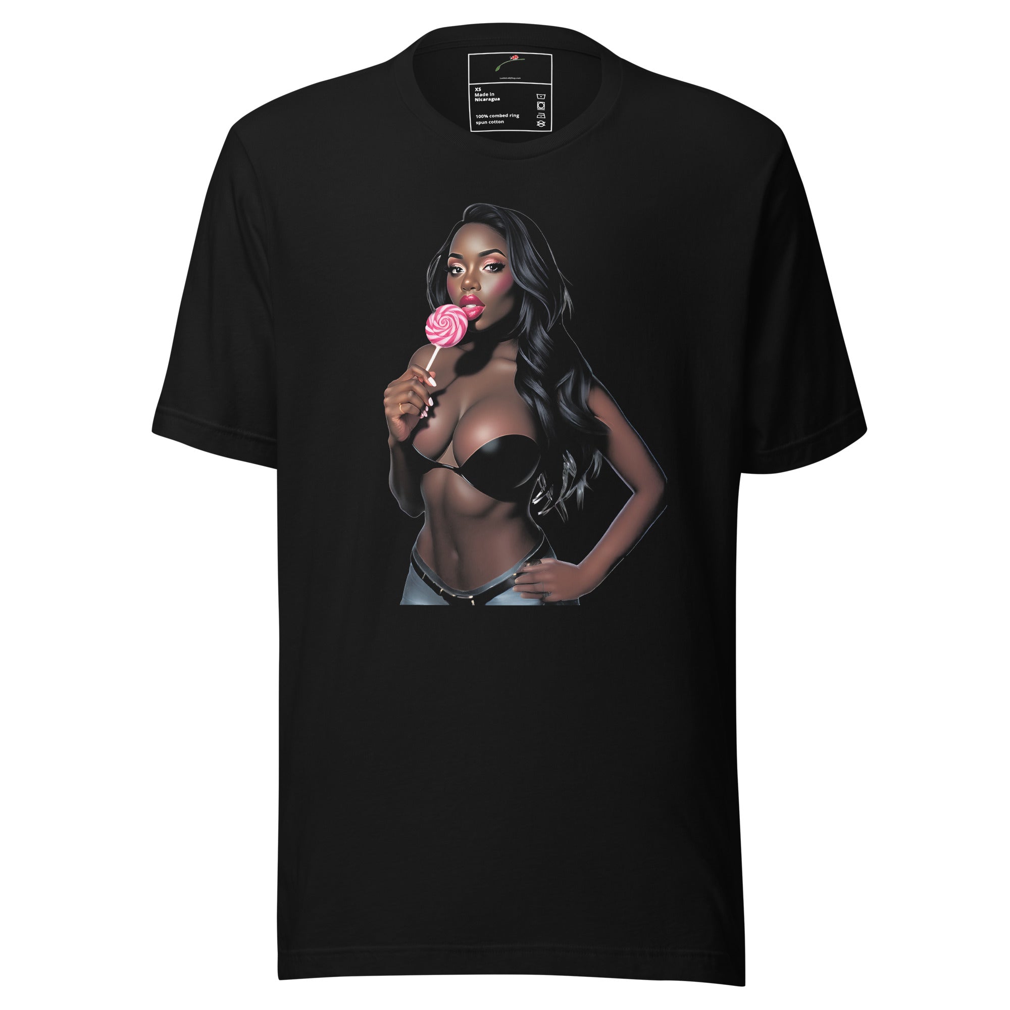Black T-shirt featuring a lollipop love print mens shirt design with a woman holding a pink lollipop