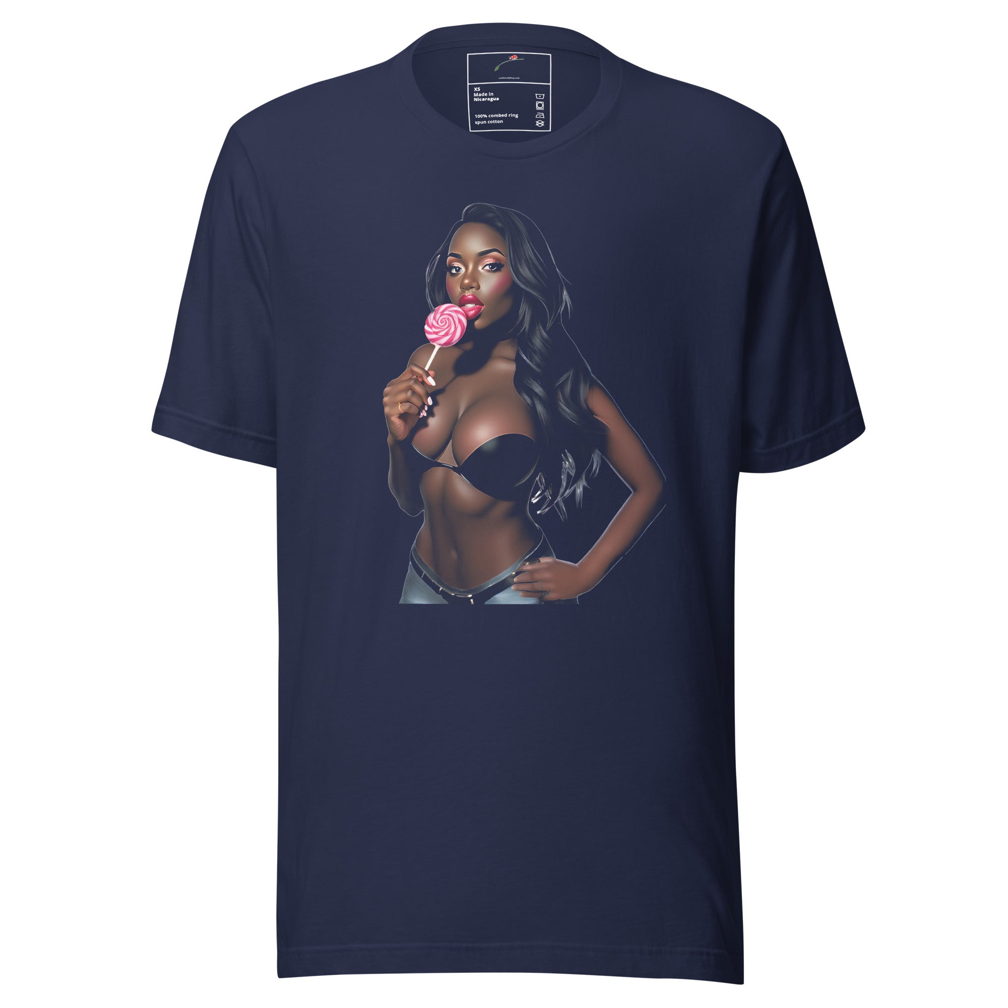 Navy blue LuckeLadybug lollipop love print mens shirt featuring a woman holding a pink lollipop