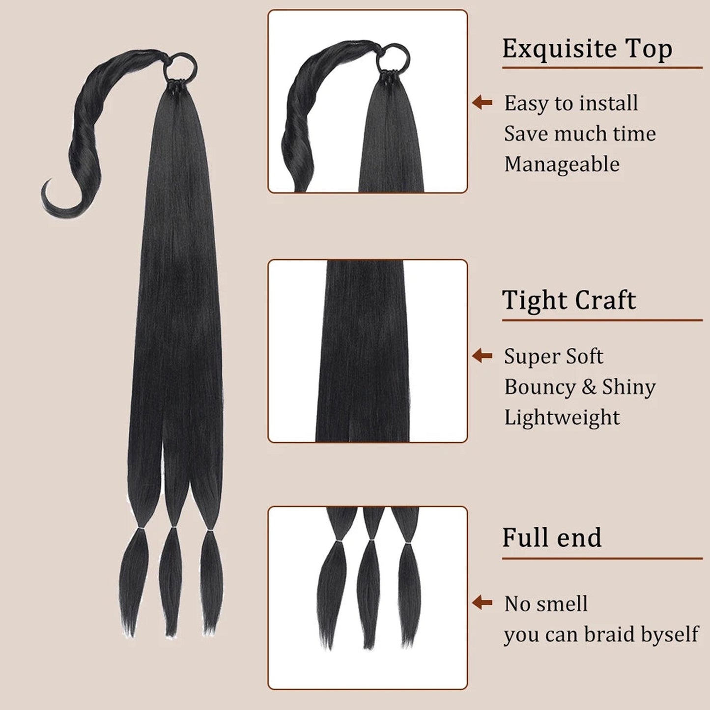 LuckeLadybug long braided ponytail extension featuring soft, shiny black hair and easy installation