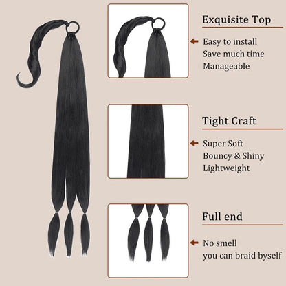 LuckeLadybug long braided ponytail extension featuring soft, shiny black hair and easy installation