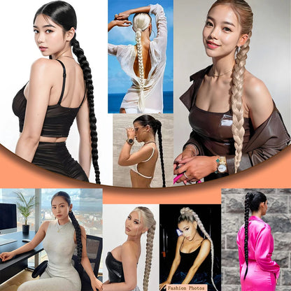 Long braided ponytail extension showcased in various styles for versatile looks