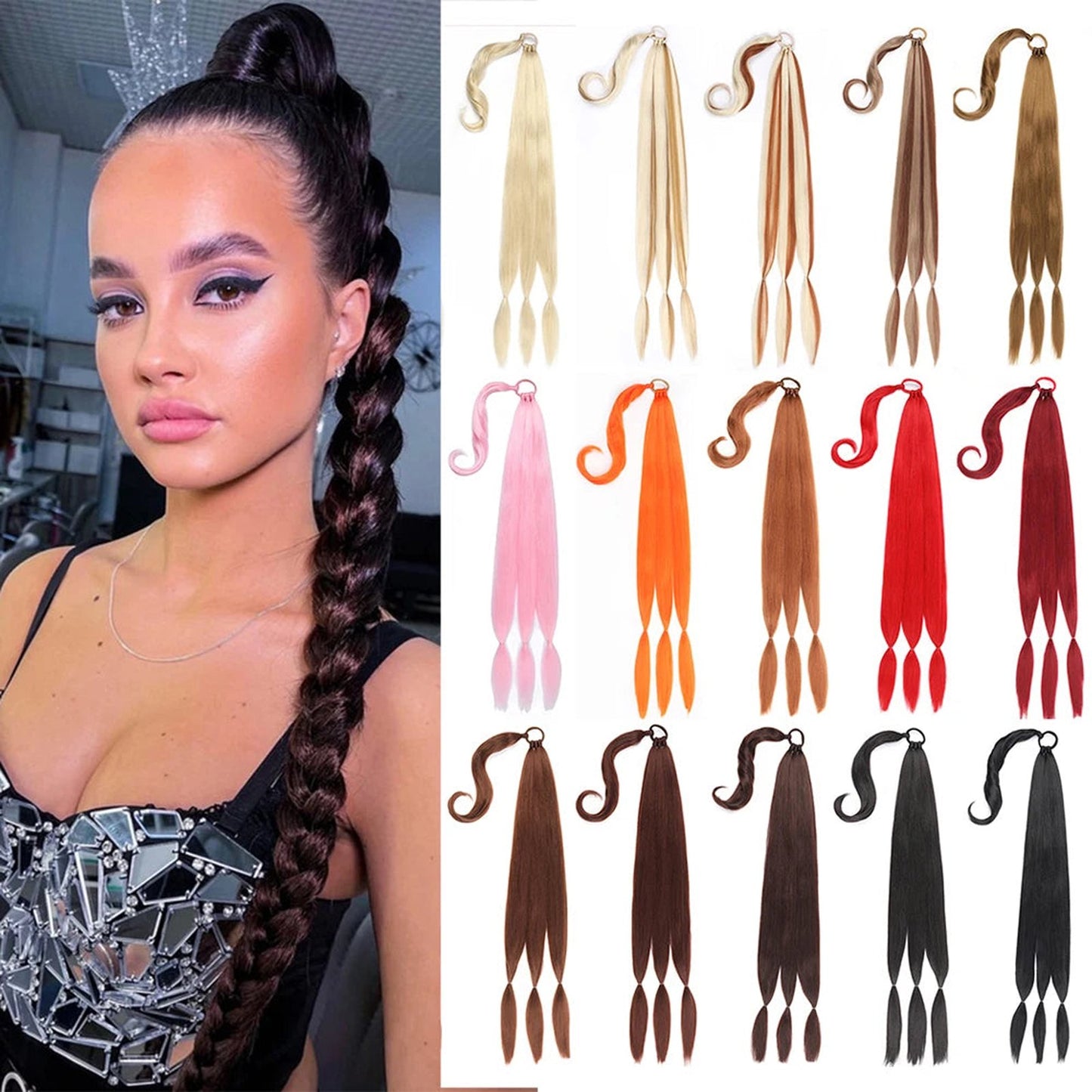 LuckeLadybug long braided ponytail extension in assorted colors displayed alongside a model showcasing the style