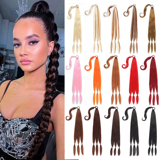 LuckeLadybug long braided ponytail extension in assorted colors displayed alongside a model showcasing the style