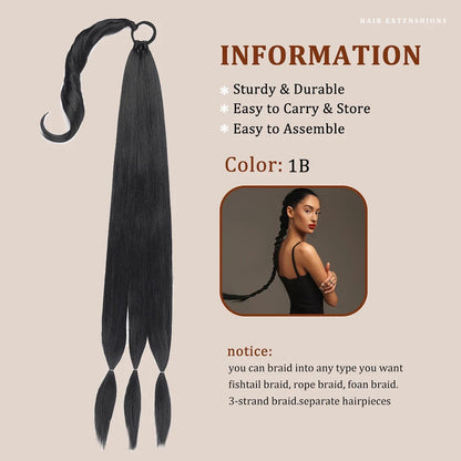 LuckeLadybug LLC long braided ponytail extension in color 1B, perfect for versatile hairstyles.