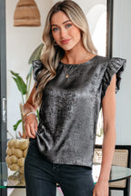 Silvery Metallic Round Neck Ruffle Trim Sleeveless Top