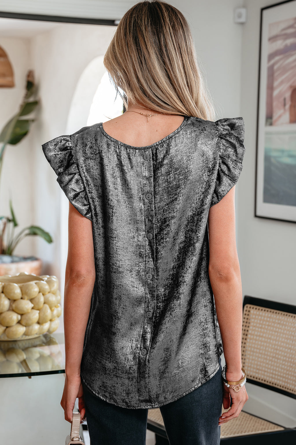 Round Ruffle Arm Silvery Metallic Ruffle Trim Sleeveless Top - Long Sleeveless Top ...
