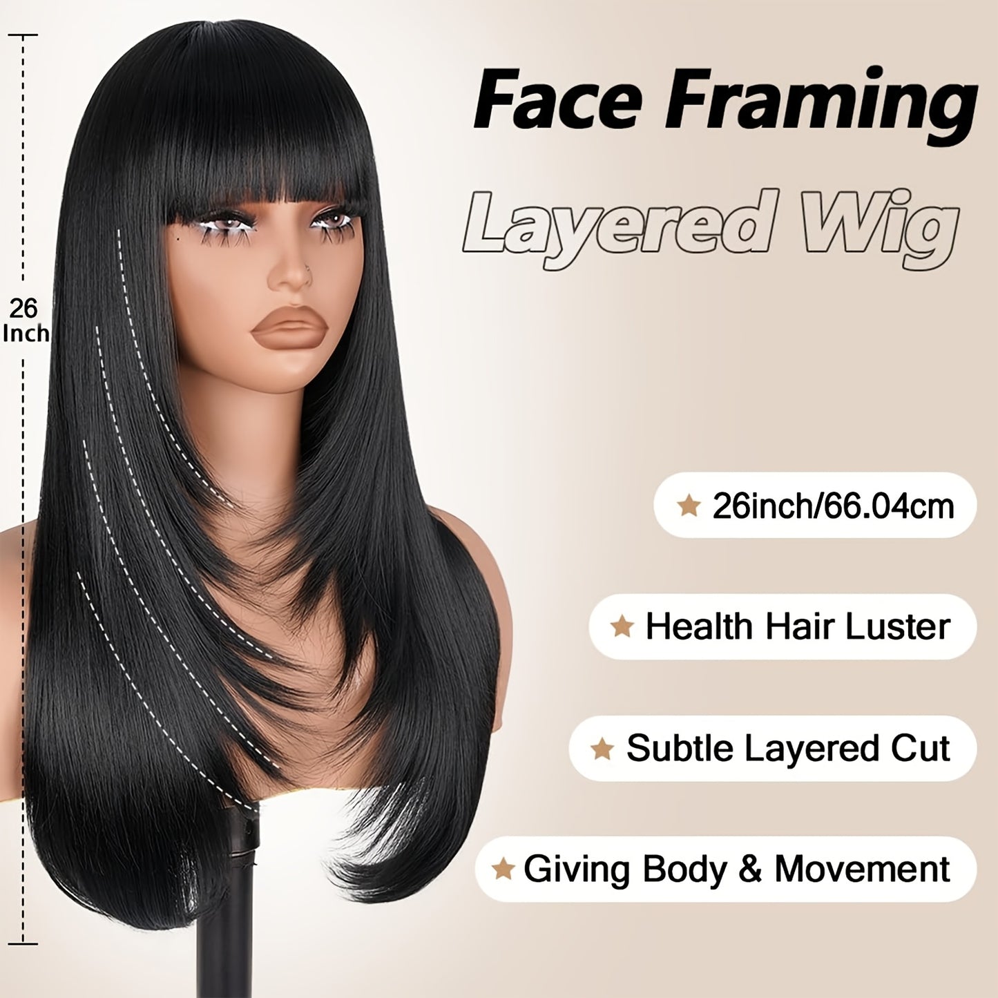 Long straight layered wig with bangs in black, featuring 26-inch length and subtle layered cut for body and movement