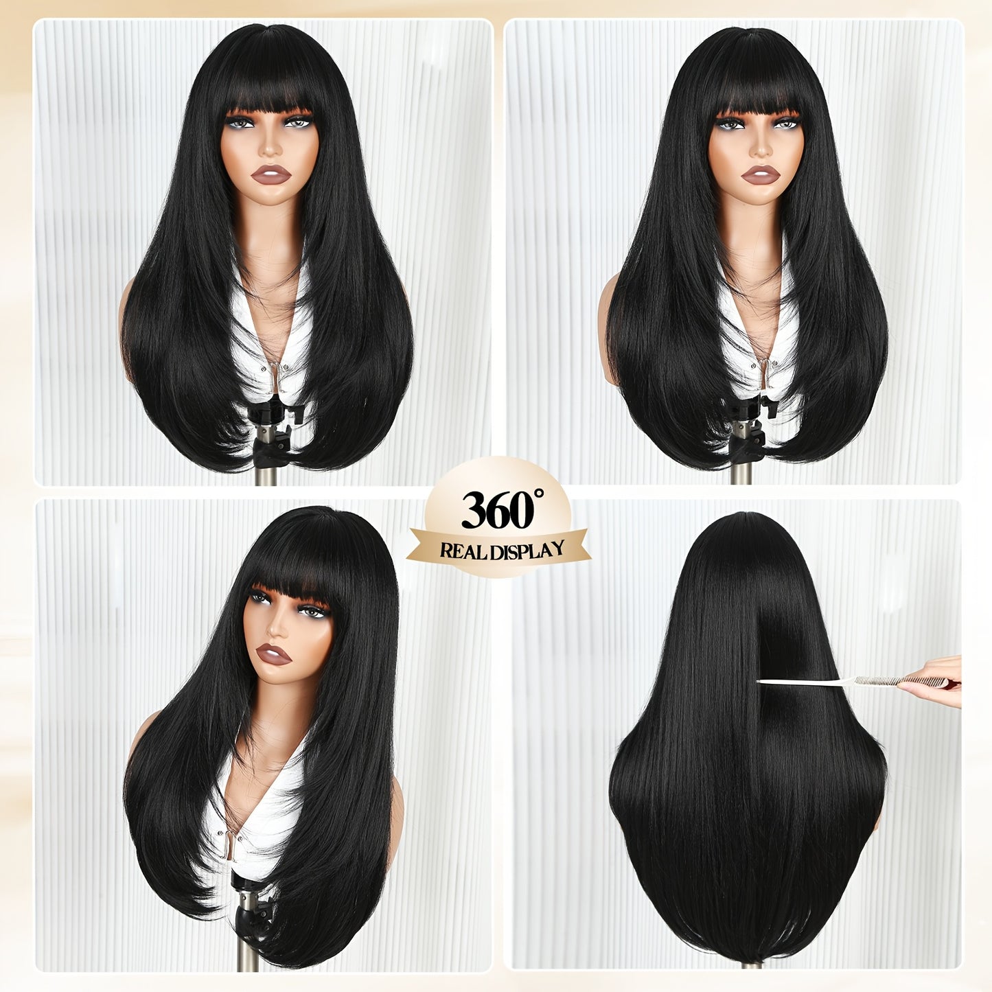 LuckeLadybug long straight layered wig with bangs, showing a sleek black style from multiple angles.
