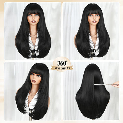 LuckeLadybug long straight layered wig with bangs, showing a sleek black style from multiple angles.