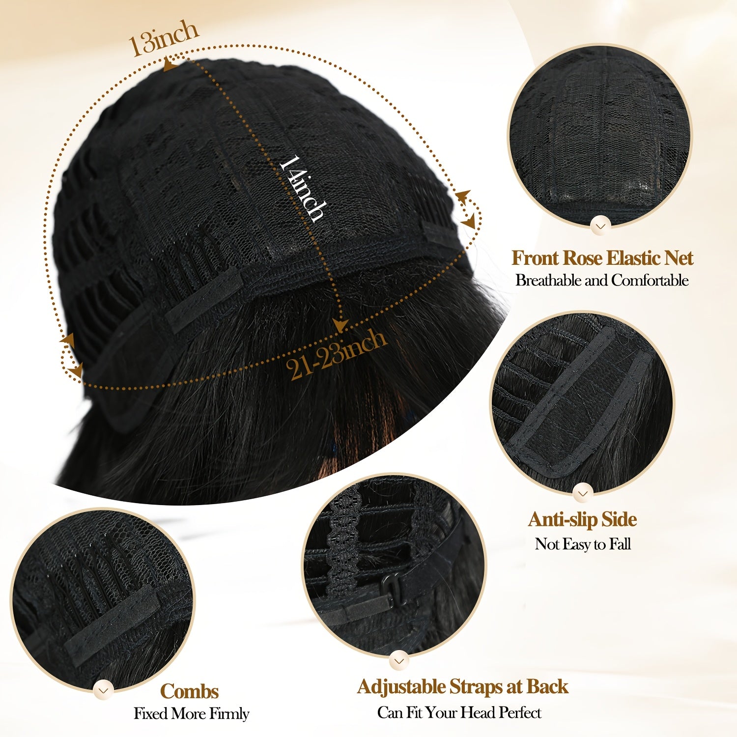 Long straight layered wig with bangs featuring adjustable straps and breathable net for comfort