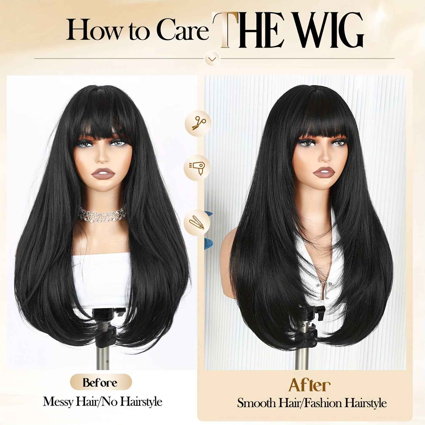 LuckeLadybug long straight layered wig with bangs displayed in before and after styles on a mannequin