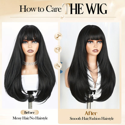 LuckeLadybug long straight layered wig with bangs displayed in before and after styles on a mannequin