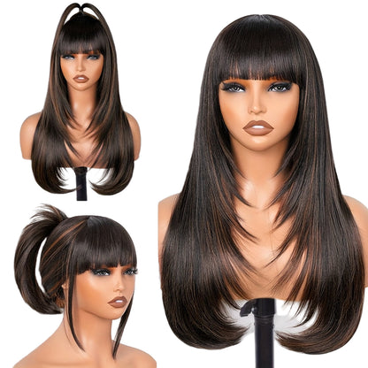 Long straight layered wig with bangs in a sleek style, available in various looks for versatility