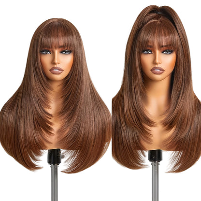 Long straight layered wig with bangs in a rich brown color displayed on a mannequin