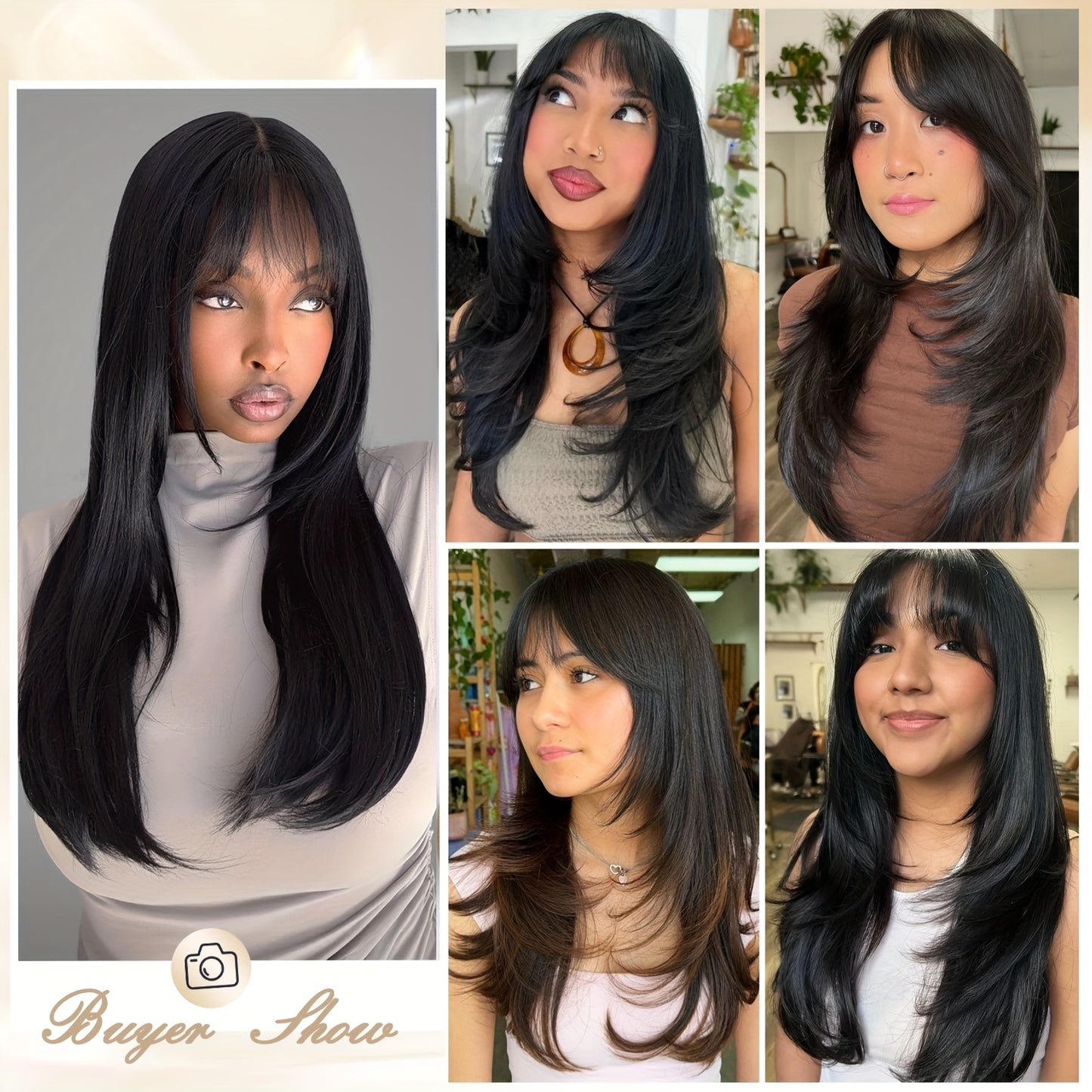 Long straight layered wig with bangs displayed on multiple models showcasing various styles