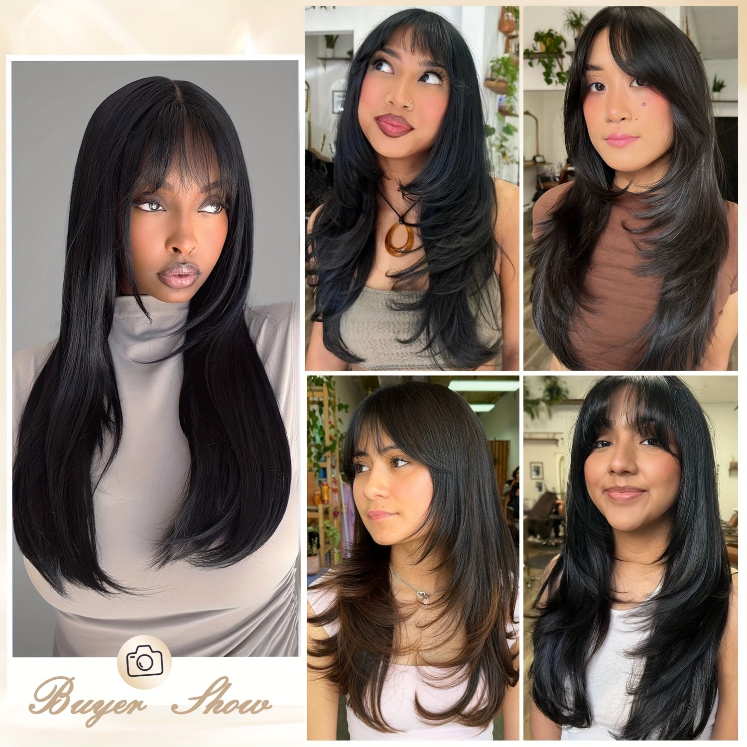 Long straight layered wig with bangs displayed on multiple models showcasing various styles