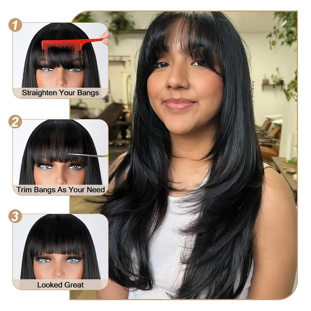 LuckeLadybug long straight layered wig with bangs in sleek black style, perfect for versatile looks