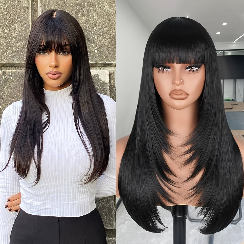 LuckeLadybug long straight layered wig with bangs, showcasing sleek design and natural look