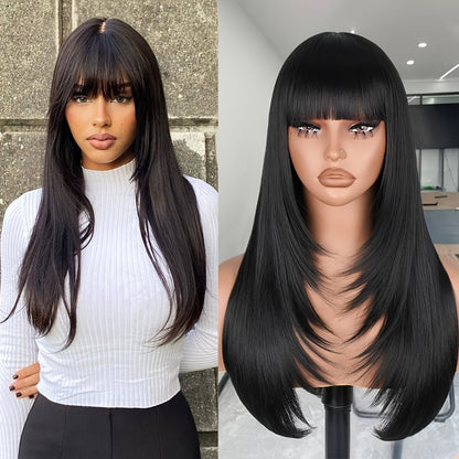 LuckeLadybug long straight layered wig with bangs, showcasing sleek design and natural look