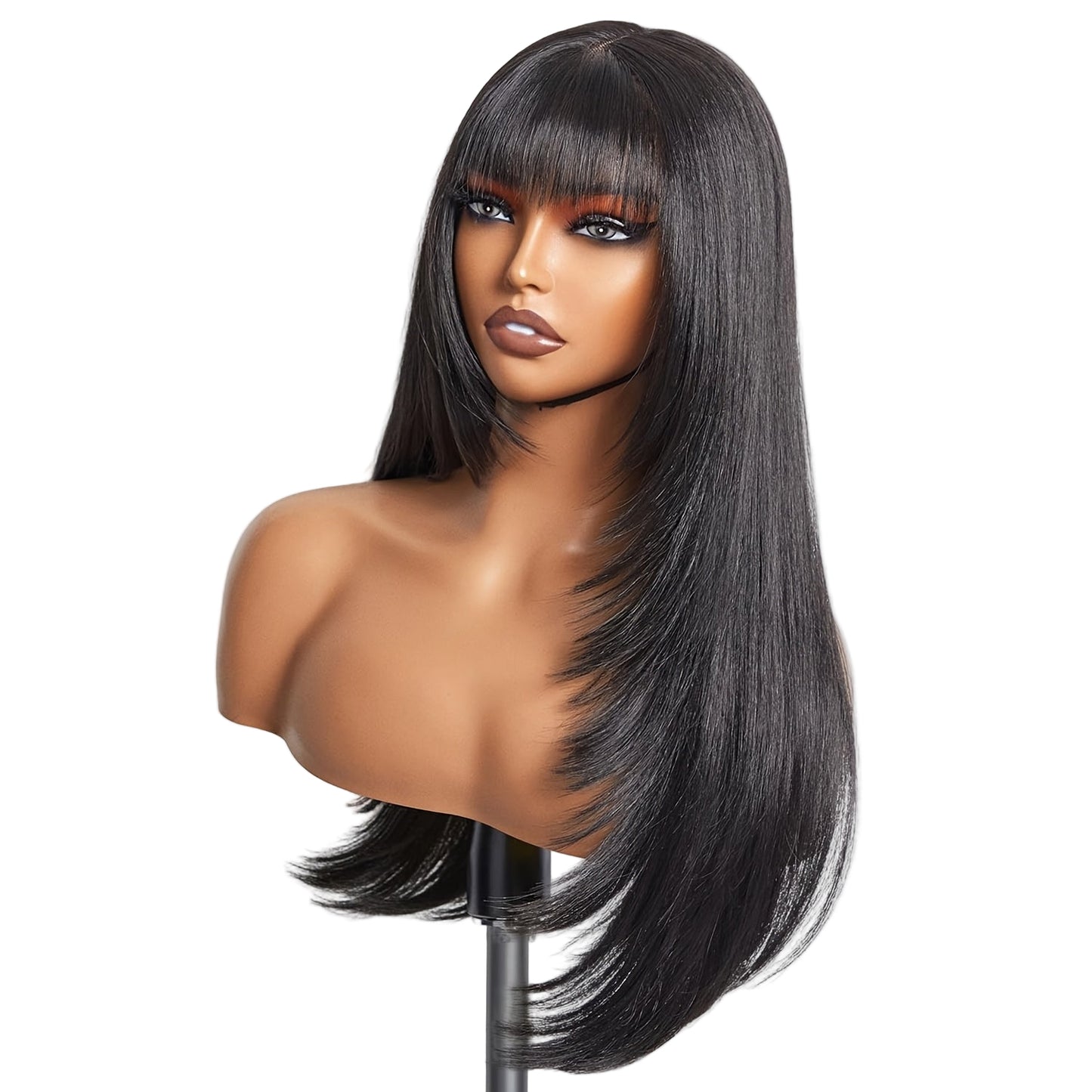 LuckeLadybug long straight layered wig with bangs, perfect for stylish and versatile looks.