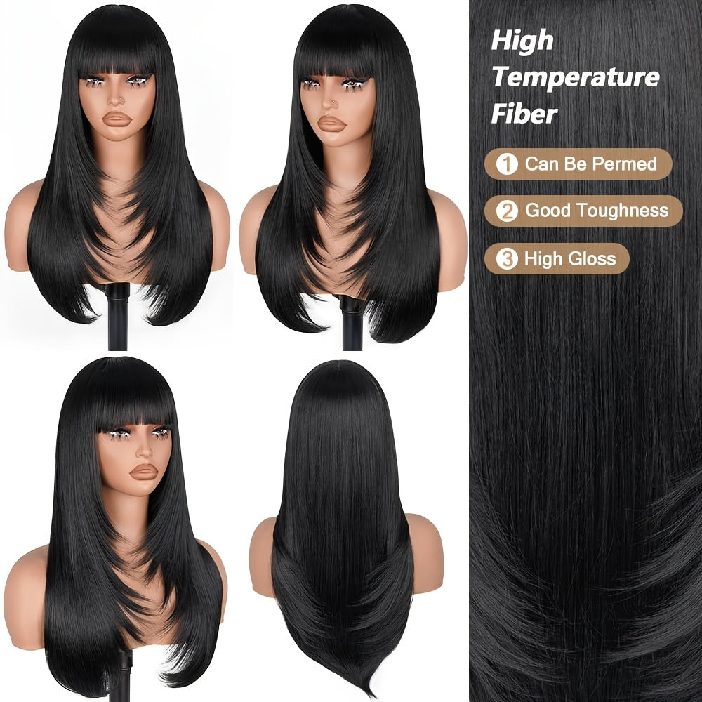 Long straight layered wig with bangs in black color, made from high-temperature fiber with good toughness